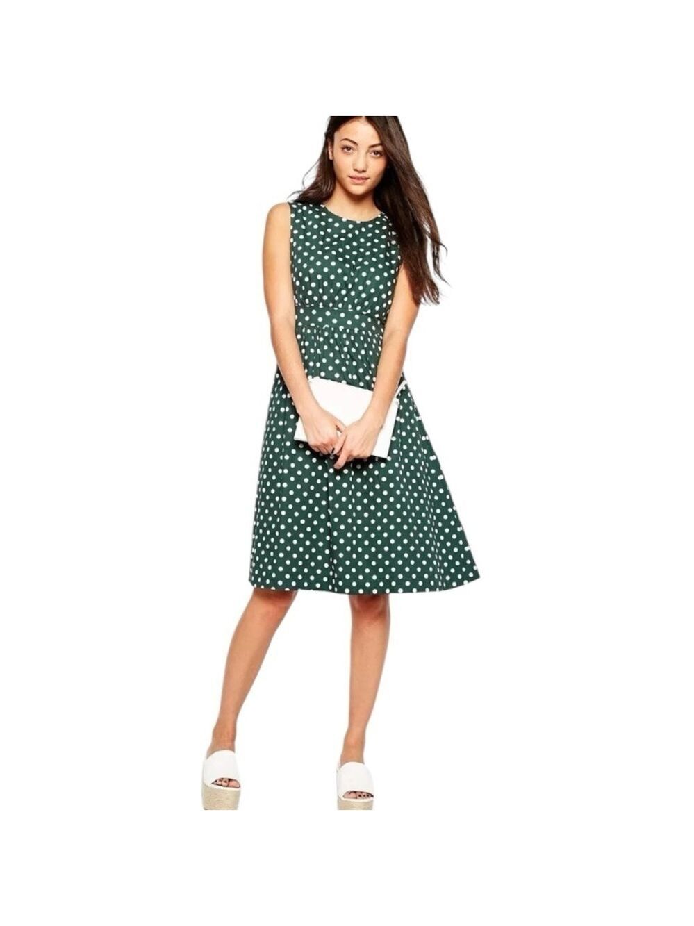 Emily and Fin Lucy S Green Polka Dot Modcloth Fit and Flare Dress Pockets Sz 10